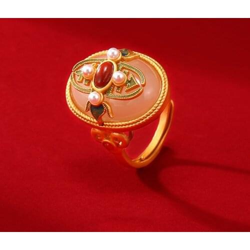 Vintage Enamel Matte Gold Rings Inlay Hetian Jade Oriental Classic Jewelry For Women Wedding Party Unique Unusual Accessories