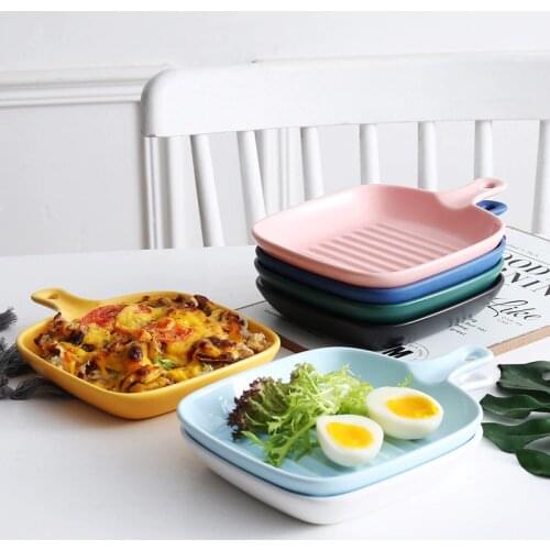 Western Microwave Oven Risotto Dish Nordic Cheese Pasta Steak Creative Ceramic Handle Plate Kitchen Plates Flat Oven Oven Tray