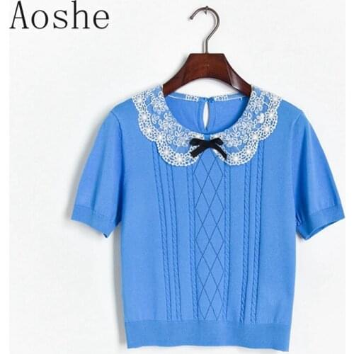 Cute Knitted T-Shirt Female Crop Sweater 2020 New Hollow Out Lace Bow Peter Pan Collar TShirt Girls Short Sleeve Tops Sweet Tee