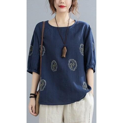 Women Cotton Linen Casual T-shirts New Arrival 2021 Summer Vintage Style Floral Embroidery Loose Female Tops Tees S3957