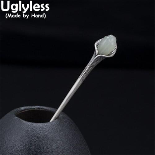 Uglyless Natural Jade Magnolia Hair Jewelry for Women Elegant Floral Hair Sticks Real 925 Silver Flowers Gemstone Hair Accessory