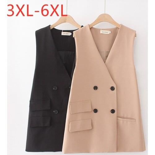 New 2021 Ladies Spring Autumn Plus Size Women Large Sleeveless Loose Khaki Black Button Pocket Vest Coat 3XL 4XL 5XL 6XL