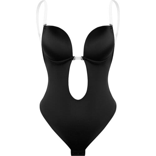 Women Deep V Bodysuit Waist Trainer Invisible Shaper Body Tummy Shapewear Faja Strap Backless Plunge Thong Push Up Padded Bra