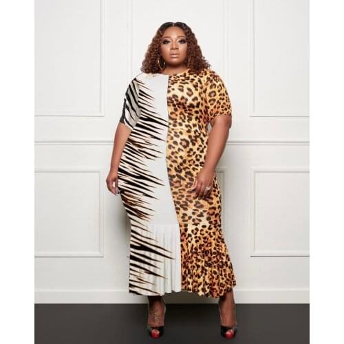2021 Spring and Summer New Fashion Temperament Plus Size Leopard Stitching Sexy Casual Fashion Plus Size Ladies Dress