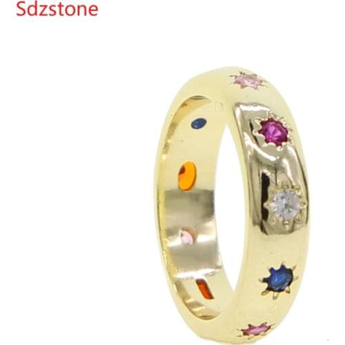 Womens Rainbow Colorful Stone Ring Round Engagement Wedding Rings Trendy Band Lesbian & Gay Couple Jewelry