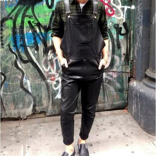 27-44 !2017 mens clothing Autumn winter trousers PU bib pants ankle length trousers one piece trousers jumpsuit singer costumes