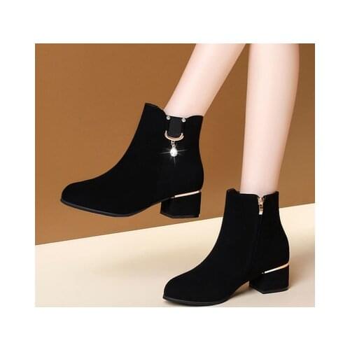 2020Fashion Women Boots Casual Leather Low High Heels Spring Shoes Woman Pointed Toe Rubber Ankle Boots Black Red Zapatos Mujer