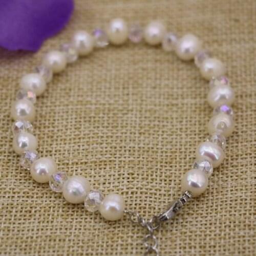Charms strand bracelets natural 7-8mm white nearround pearl beads bangle high quality weddings party gifts jewelry 7.5inch B3141