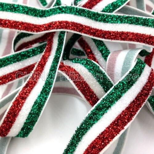 20Y 2 colors Top Quality 5/8" Red White Green Glitter Elastic Ribbon Fold Over Elastic Christmas Ribbon for DIY Headwear MC013