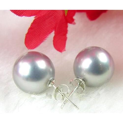 Hot Sale 12MM Gray Color Round Sea Shell Pearl Stud Stick Earrings S925 Stering Silver Fine Jewelry Charming Lady Gift