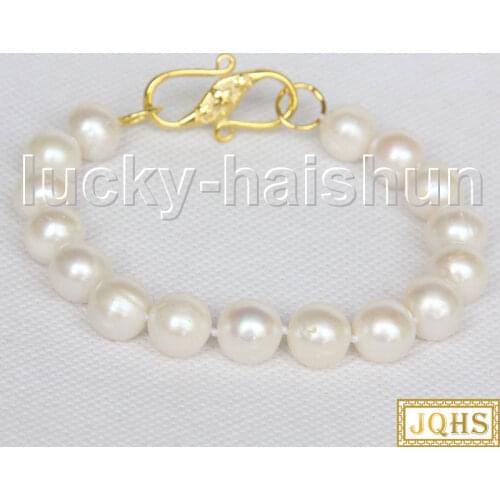 JQHS 8" 11mm round white freshwater pearls Beaded Strand knotted bracelet j11569