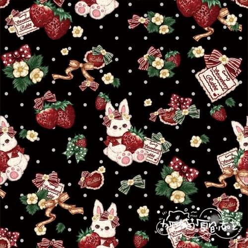 Lolita Strawberry Rabbit Four Way Stretch Polyester Fabric for Girl Summer Dress Skirt Blouse Pants DIY