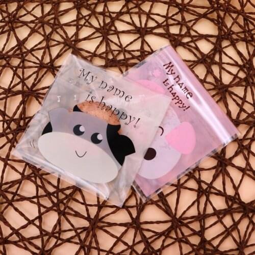 Fashion Cute Animals Shape Plastic Bags 10x10+3cm 100pcs/lot Happy Blue Cat and Pink Pig Self Adhesive Pouches Cookies Package