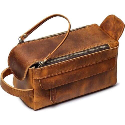 Nesitu Vintage Brown Black Genuine Crazy Horse Leather Women Men Cosmetic Bag Travel Toiletry Wash Bag Make Up Bags M9049