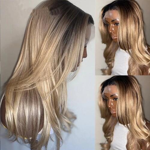 Ombre Blonde Full Lace Human Hair Wigs Brazilian Wavy Transparen Frontal Wigs For Black Woman 4T613 Honey Blonde Hair Wig