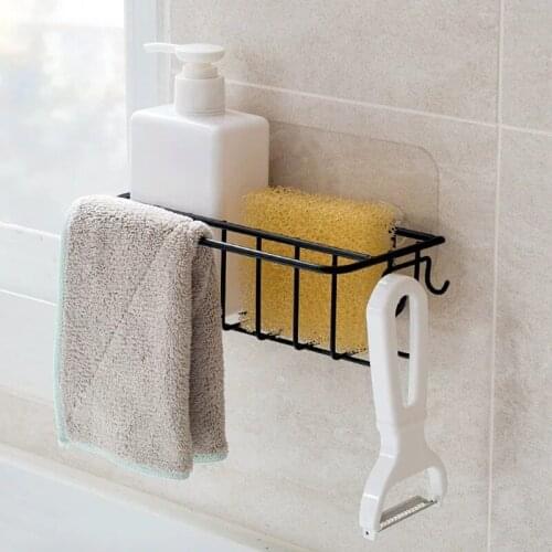 Self Adhesive Wall Mounted Wrought Iron Sink Rack Pool Rag Draining Shelf Kitchen Sink Sponge Storage Holder