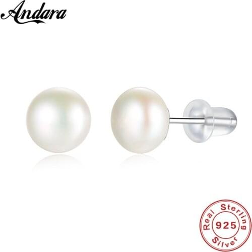 Authentic 925 Sterling Silver Fashion Simple Natural Freshwater Pearl Stud Earrings For Women Girl Fine Jewelry