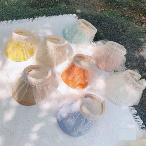 2021 Lace Pearl Empty Top Sun Hats Visor For Kids Girl Outdoor Holiday Visors Summer Straw Viseira Hat Casquette