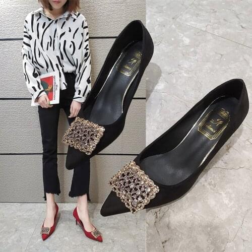Diamond square button womens single shoes 2020new fashionable all-around comfortable womens shoes pointed black high heels