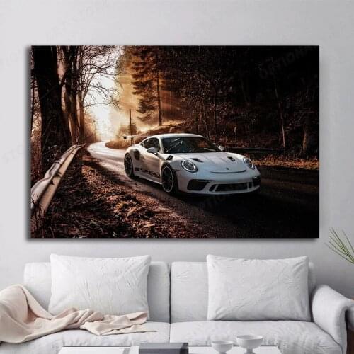 Modern Supercars 911 GT3 RS Wall Art Canvas Paintings White Car Forest Picture Print Vehicle Decoration For Living Room