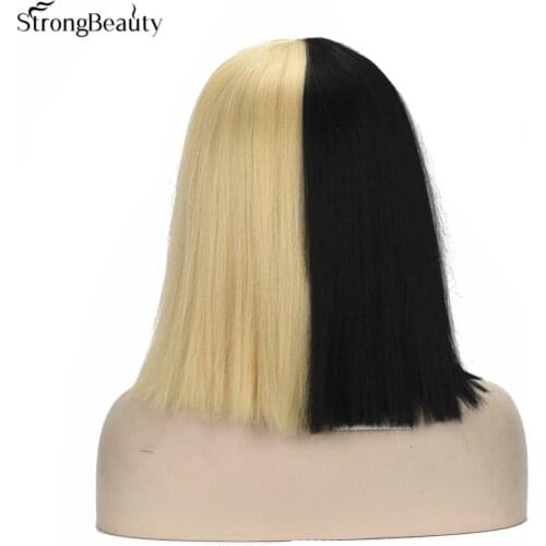 StrongBeauty Cosplay Wig Medium Long Straight Half Black and Half Blonde Bob Synthetic Full Wigs