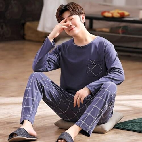 Teen-age Boy Pajama Pullover Long Sleeve Trousers Striped Pyjamas Upper Pocket Jammies O-Neck Casual Sleepwear Nightwear 6535Cot