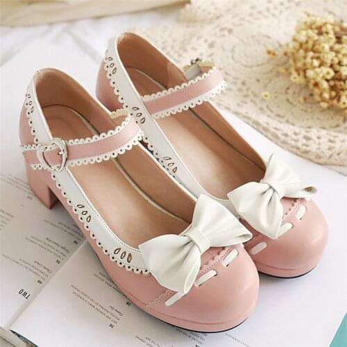 Pink Lolita Shoes Mary Jane Shoes For Women High Heel Platform Pumps Block Heel Bow Ladies Cute Shoes Black Japanese Sweet 41 42
