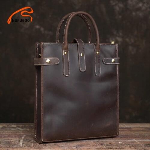 NUPUGOO Vintage Mens Briefcase Genuine Leather Casual Handbag Business Tote Bag Shoulder Office worker Bags For 13 Inch Laptop
