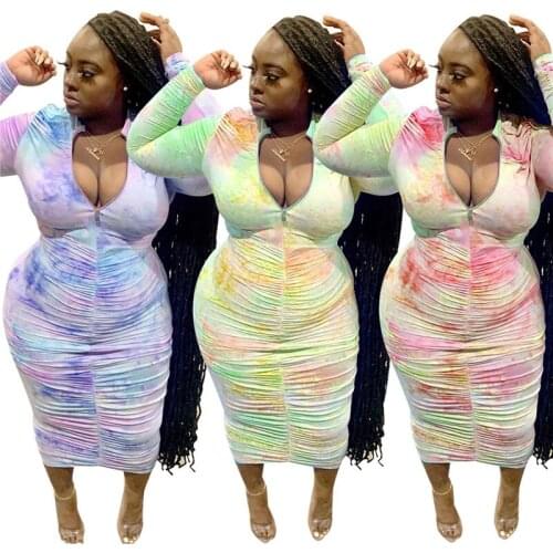 XL-4XL Plus Size Dress Women Tie-dye Zipper V Neck Bodycon Draped Sexy Stretch Midi Dresses Fee Shipping Wholesale Dropshpping