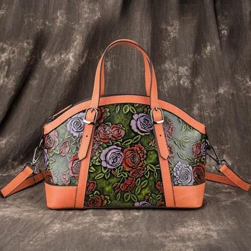 Women Genuine Leather Bags Cross Body Handbag Embossed Vintage First Layer Cowhide Top Handle Bag Messenger Shoulder Tote Purse