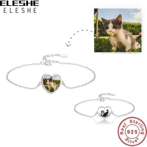 Clearance Sale Photo Custom 100% 925 Sterling Silver Bracelet for Women Cute Cat Heart Chain Bracelet Birthday Jewelry Gift