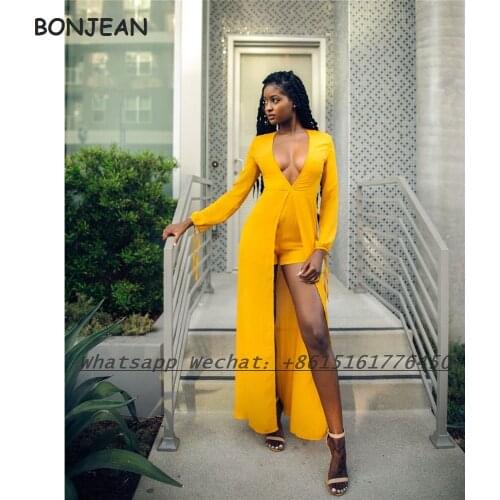 2021 Yellow Evening Dress Jumpsuit Long Sleeve V Neck Floor Length Elegant Evening Prom Party Gowns
