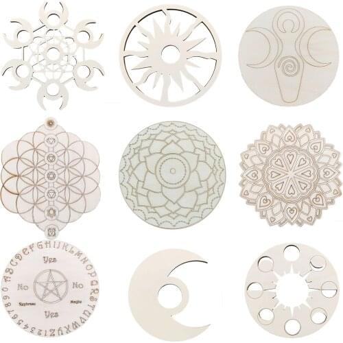 1PC Chakra Flower of life Natural Symbol 17 Kinds Wood Round Edge Circles Carved Coaster For Stone Crystal Set DIY Decor