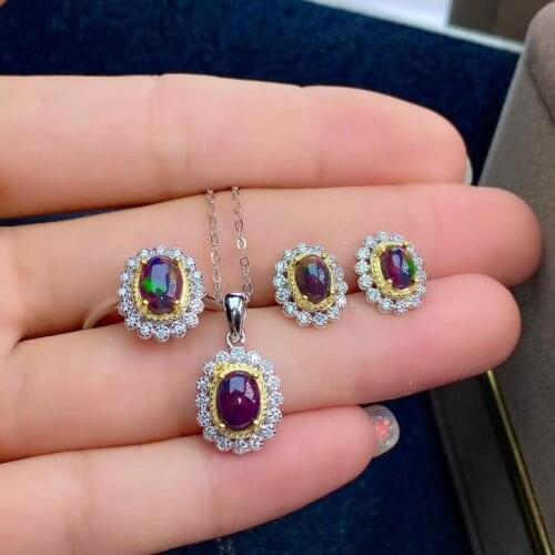 100% Real Natural Black Opal jewelry set Natural Real Black Opal 925 sterling silver 1pc pendant,1pc ring,2pcs Earring