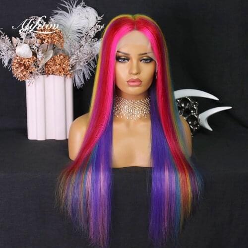 ALIFITOV Rainbow Color Lace Front Wig Long Straight Human Hair Wig Transparent Lace Wigs With Baby Hair For Women
