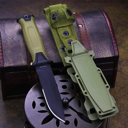 Army Green ABS outdoor Half-tooth Tactical Knife 440C North American Safari Hunting Knife outdoor rescue straight knife + scabba