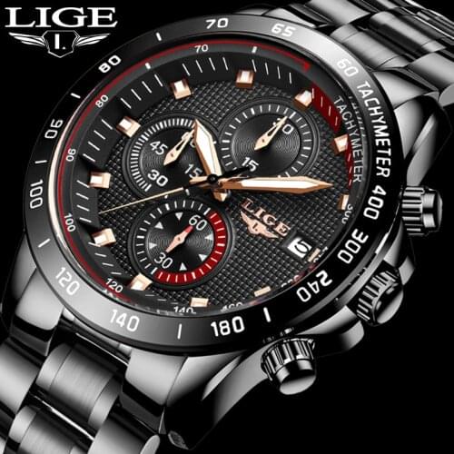 Watches Mens 2020 LIGE Top Brand Luxury Mens Wristwatch Stainless Steel Black Classic Watch For Men Waterproof Quartz Clock+Box