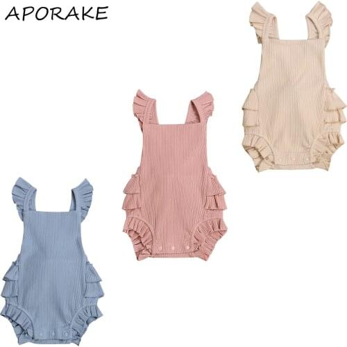 2021 0-18M Sweet Baby Solid Color Ribbed Romper Summer New Girls Sleeveless Square Collar Short Jumpsuit with Ruffles