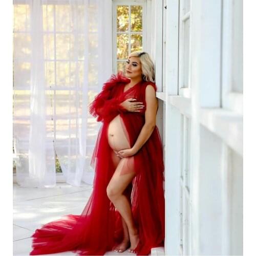 Red Maternity Robes Bathrobe Women Long Tulle Dresses Photo Shoot Birthday Party Bridal Sexy Fluffy Party Gowns Custom Made
