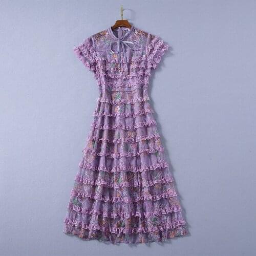 And American womens European dress 2021 summer new styles Lace cake with short sleeve bow collar Fashionable dress