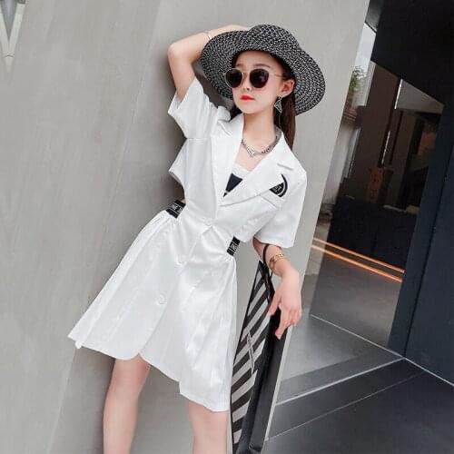 2021 Summer New Fashion Design Girls Hollow Letters Color Matching Waist Open Back Pleated Casual Suit Dress Children Clothes