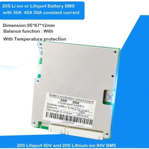 20S 72V or 84V li-ion battery BMS 73V Lifepo4 battery PCB with 30A to 50A constant current with Balance function