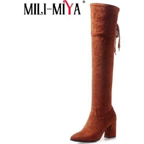 MILI-MIYA new design women boots flock over-the-knee pointed toe comfortable square heels lace-up solid color plus size 34-47