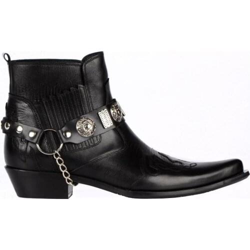 FootCourt- Black Cowboy Ankle Boots Texas Boots Western Ankle Boots Genuine Leather Pointed Toe Removable Buckled Ankle Harness