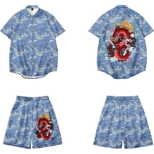 Dragon Printed Summer Hawaiian Mens Sets Short Sleeve Shirt And Shorts Two Piece Suit Oversize 6XL