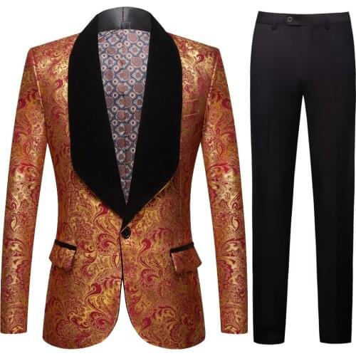 Mens gold plated black collar suit Set Wedding Red Floral Pattern Slim Fit Party Prom Dress Tuxedo Singers Costume Suit