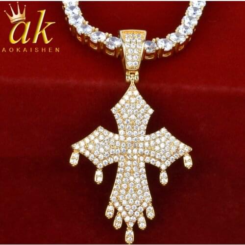 Drip Cross Pendant Necklace With 4mm Tennis Chain Gold Color AAA Cubic Zircon Mens Women Hip Hop Rock Jewelry