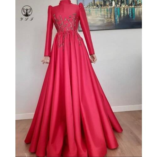 2021 Claasic Red High Collar Beaded Stones Long Sleeve Pleated Floor Length Muslim Prom Dresses