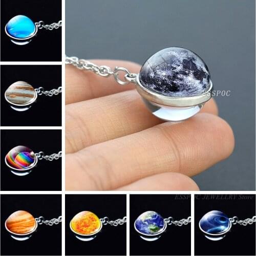 Full Moon Planet Glass Ball Cabochon Necklace Double Side Glass Pendant Outer Space Galaxy Stars Nebula Jewelry Women Gifts