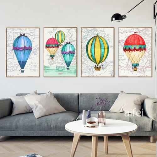 Nordic Canvas Poster Colorful Hot Air Balloon Painting Fashion Childrens Room Nursery Decoration Wall Art Pictures No Frame